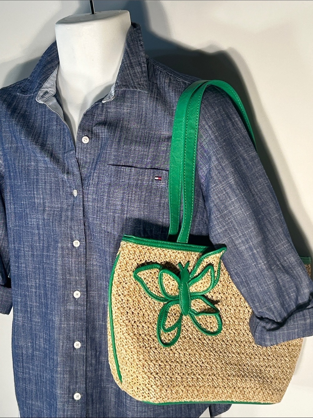 Bueno NWT Butterfly Straw Bag Green Trim Cottage Resort Boho Coquette